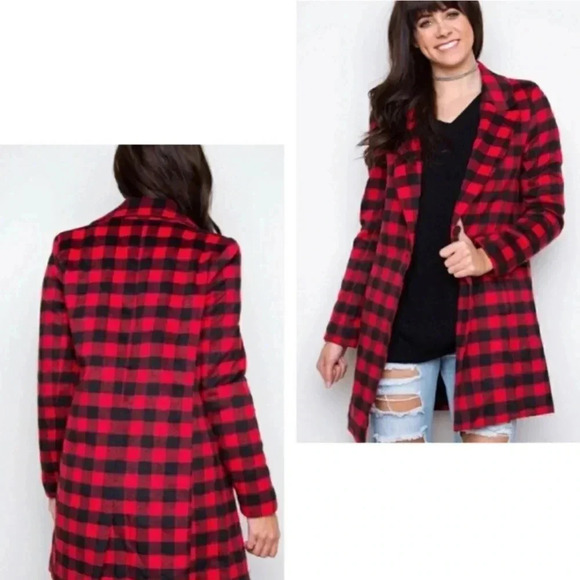 Love Tree Trench Jacket Buffalo Check Plaid One Button Mid Length Size Large - Picture 1 of 6